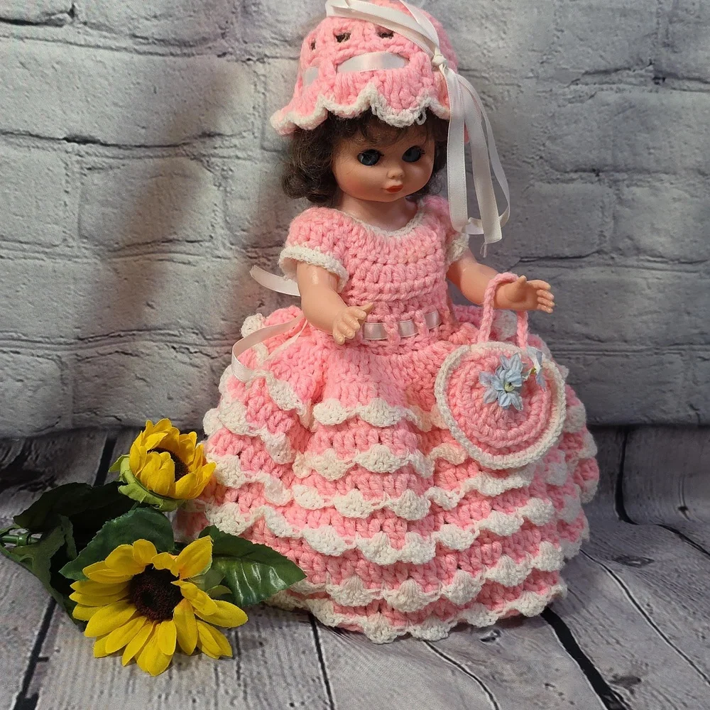 Vintage Angel Doll Brunette Crochet Dress and Accessories Pink White 14